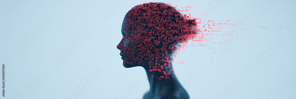 Poster a stylized silhouette of a person dissolving into digital pixels, representing the concept of data a