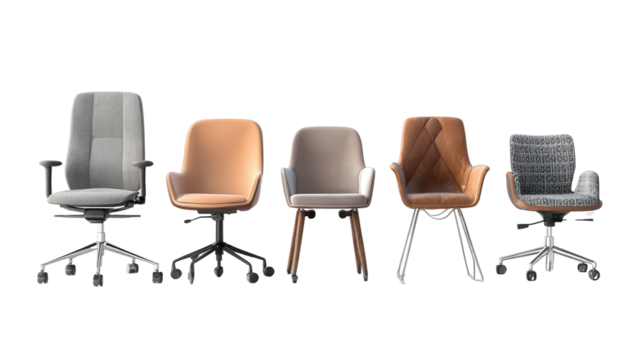 Stylish Office Chairs: A flat lay of stylish office chairs with modern design, isolated on a Transparent background, PNG file.