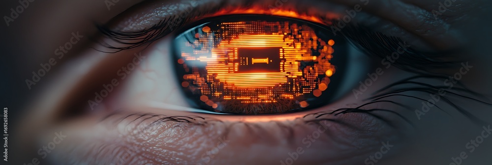 Poster a close-up of an eye with a digital interface reflecting in the iris, showcasing a blend of technolo