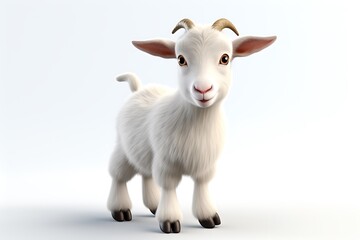 Fototapeta premium A charming white goat playfully standing on a bright background, showcasing its fluffy fur and curious expression