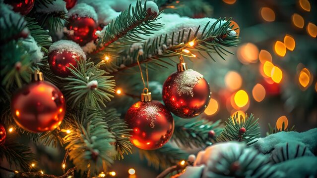 Festive Christmas Tree Adorned with Red Ornaments and Twinkling Lights A Holiday Celebration