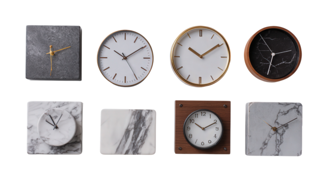 Stylish Office Desk Clocks: A flat lay of stylish office desk clocks with sleek designs, isolated on a Transparent background, PNG file.