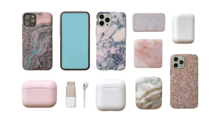 Stylish Phone Accessories: A flat lay of stylish phone accessories like phone cases and chargers, isolated on a Transparent background, PNG file.