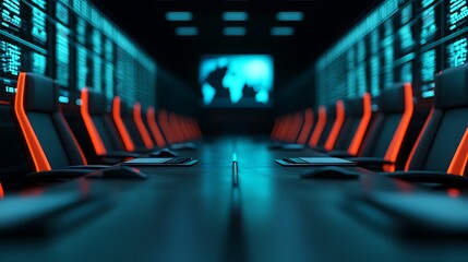 A futuristic conference room featuring a long table, illuminated chairs, and digital screens displaying data and a world map.