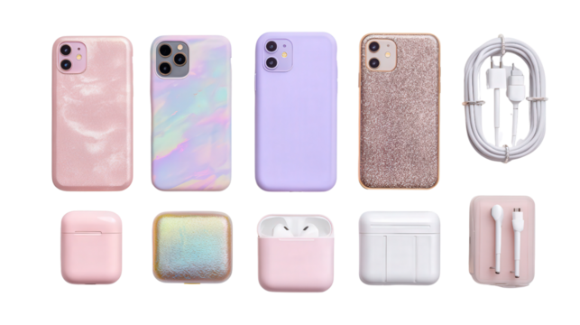 Stylish Phone Accessories: A flat lay of stylish phone accessories like phone cases and chargers, isolated on a Transparent background, PNG file.