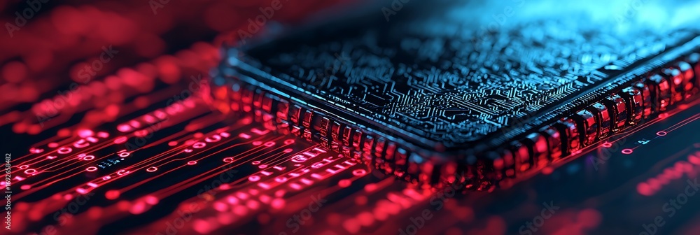 Aufkleber a close-up image of a circuit board with vibrant blue and red lighting, showcasing intricate pattern