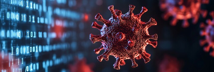 A digital illustration of a virus, depicting intricate details and binary code in the background, suggesting themes of technology and disease.
