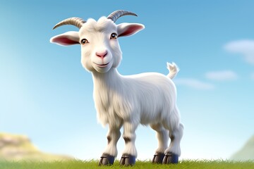 Cheerful cartoon goat standing on green grass under a bright blue sky with fluffy clouds