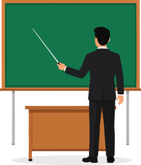 Teacher figure silhouette standing in front of a chalkboard with pointer stick