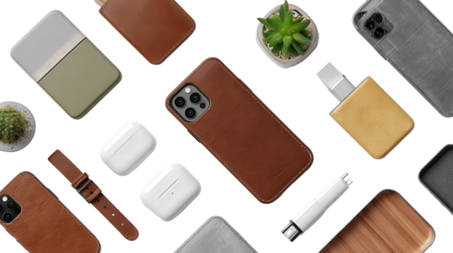 Stylish Phone Accessories: A flat lay of stylish phone accessories like cases, chargers, and stands, isolated on a Transparent background, PNG file.