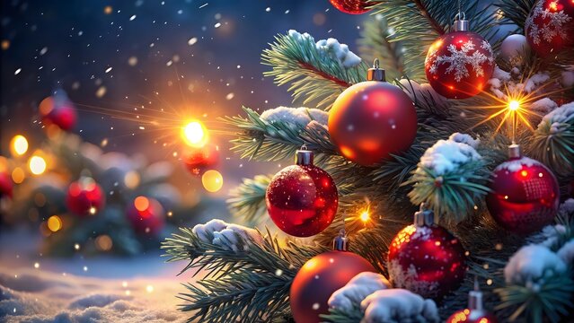 Christmas Tree Adorned with Red Ornaments and Sparkling Lights in a Snowy Winter Wonderland Scene