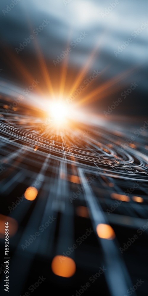 Poster Futuristic digital network with glowing light burst and dynamic lines