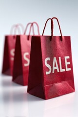 Red shopping bags with sale text highlighting seasonal promotions and discounts