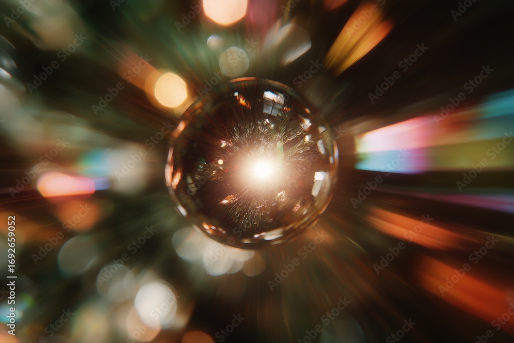 Poster Burst of light in a multicolored abstract blur with lens flare effect