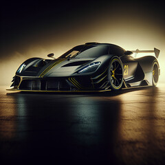 Aggressive black sports car with dramatic lighting displaying speed and power