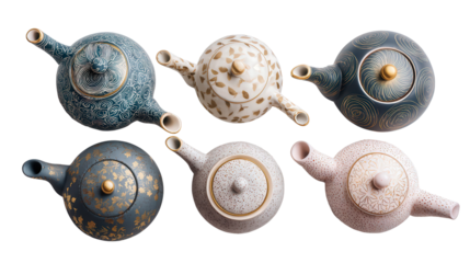 Stylish Tea Pots: A flat lay of stylish teapots with elegant designs, isolated on a Transparent background, PNG file.