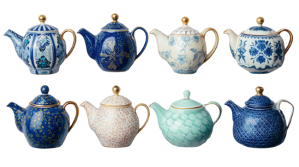 Stylish Tea Pots: A flat lay of stylish teapots with elegant designs, isolated on a Transparent background, PNG file.