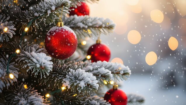 Festive Christmas Tree Adorned with Red Baubles and Sparkling Lights Against a Snowy Winter Backdrop