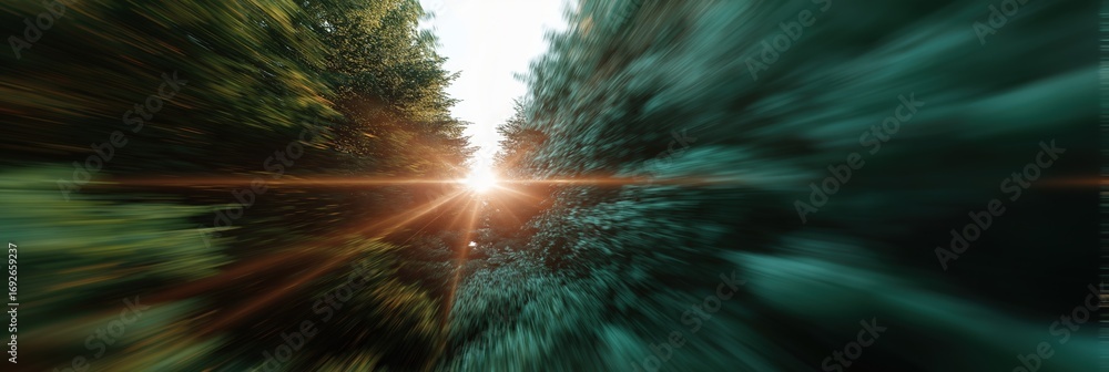 Poster sunlight burst through forest trees with radiating light effect