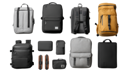 Stylish Travel Backpacks: A flat lay of stylish travel backpacks with sleek designs and functional compartments, isolated on a Transparent background, PNG file.