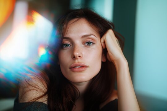 Thoughtful young caucasian female with long hair and rainbow light effect - Powered by Adobe