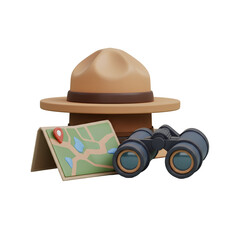 Camping Essentials with Brown Hat Map and Binoculars on Transparent Background for Outdoor Adventure Planning and Exploration