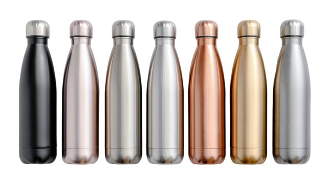 Stylish Water Bottles: A flat lay of stylish water bottles made of stainless steel, isolated on a Transparent background, PNG file.