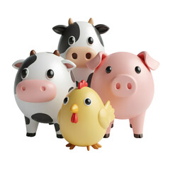 Cartoon Farm Animals Grouping with Black White Cows Pig and Chicken on Transparent Background Animated Appearance Farm Concept 3d Rendering