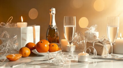 A table is set with a bottle of champagne, two glasses, and a plate of oranges