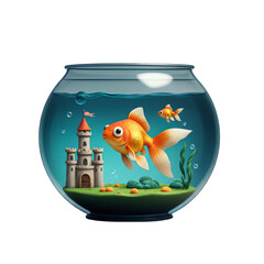 Cartoon Goldfish Bowl with Castle and Transparent Background Digital Art