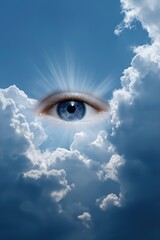 Surreal blue eye in radiant sky with bright clouds