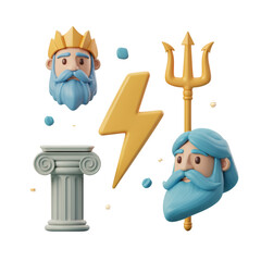 Cartoon Greek Mythology Symbols with Zeus Poseidon Column and Thunderbolt in 3D Rendering on Transparent Background