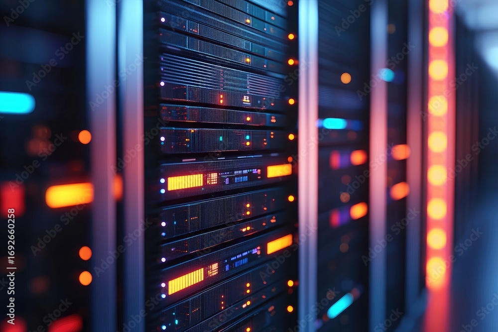 Poster high performance server racks with glowing red and blue lights in a futuristic data center, represen
