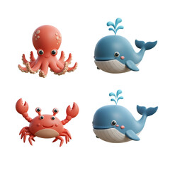 Cartoon Marine Animals Illustration on Transparent Background Featuring Octopus Crabs and Whales with Playful Expressions in 3D Render Style