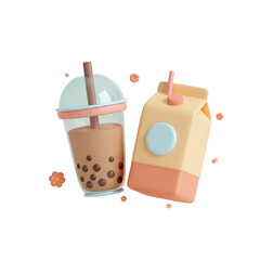 Cartoon Milk Tea and Juice Box 3D Illustration on Transparent Background Featuring Muted Peach and Brown Colors with Boba Pearls and Decorative Flowers