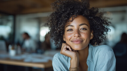 Successful Curly-Haired Professional Woman in Blue Shirt Sitting at Desk, Office Background