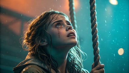 Wet young woman looks up in the pouring rain, holding a thick rope, expressing hope and resilience in a dramatic setting.