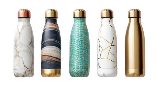 Stylish Water Bottles : A flat lay of stylish water bottles with modern designs, isolated on a Transparent background, PNG file.