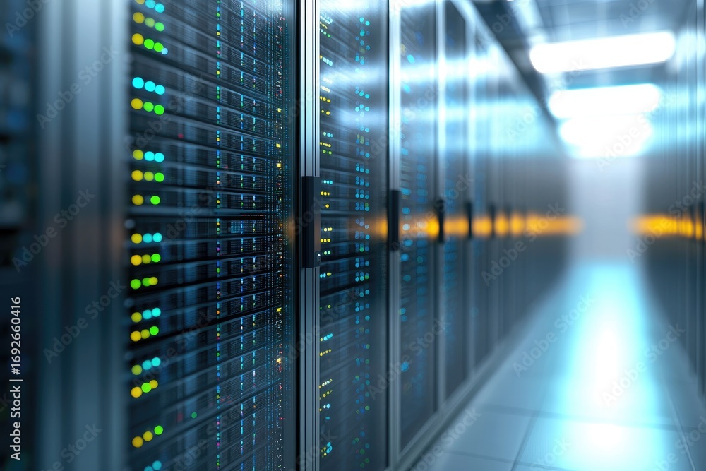 Poster modern data center server racks with glowing lights, representing cloud computing, it infrastructure