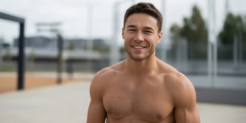 Young caucasian male smiling outdoors at urban fitness park