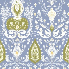 A blue and white floral patterned fabric with a green leaf design