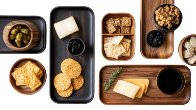 Stylish Wooden Serving Trays: A flat lay of stylish wooden serving trays with snacks like cheese and crackers, isolated on a Transparent background, PNG file.