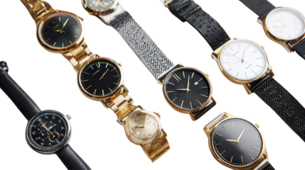 Stylish Wristwatches on White: A flat lay of stylish wristwatches with sleek designs, isolated on a Transparent background, PNG file.