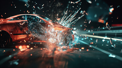 High-speed car crash with flying debris. Vehicle accident on road at night. Dramatic concept background for safety and insurance projects.