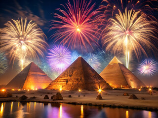 Spectacular fireworks display illuminates egyptian pyramids during national celebration