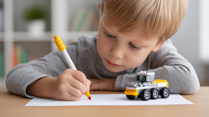 Child engages in stem education by testing drawing robot at preschool creative learning environment close-up view
