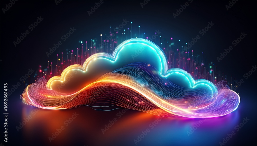 Poster ai cloud services concept with colorful glowing wave and dark background for technology and digital 