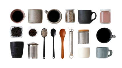 Tea and Coffee Accessories: A flat lay of tea and coffee accessories like mugs, tea infusers, and sugar containers, isolated on a Transparent background, PNG file.