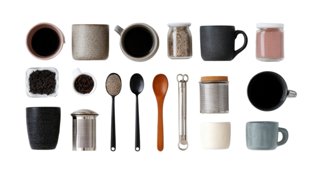 Tea and Coffee Accessories: A flat lay of tea and coffee accessories like mugs, tea infusers, and sugar containers, isolated on a Transparent background, PNG file.