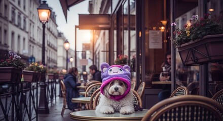 Adorable fluffy dog in a cute hat at a Parisian cafe.